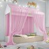 Cama Casinha Montessori Solteiro Mosquiteiro Rosa e Colchão - 4