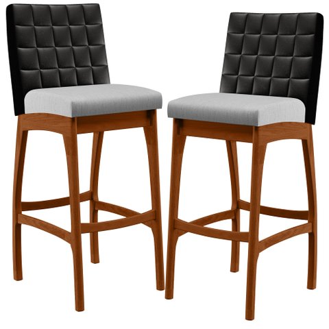 Kit 02 Banquetas Altas Cozinha Sala Jantar Fixa Mila B04 Couríssimo Preto Linho Cinza - Lyam Decor