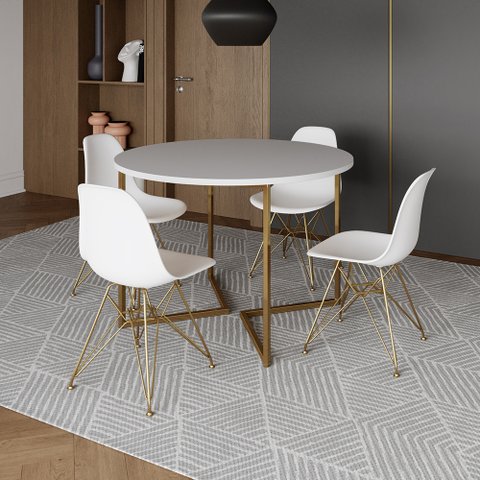 Mesa Jantar Industrial Redonda 110cm Branca Base V com 4 Cadeiras Eames Eiffel Brancas Base Dourada
