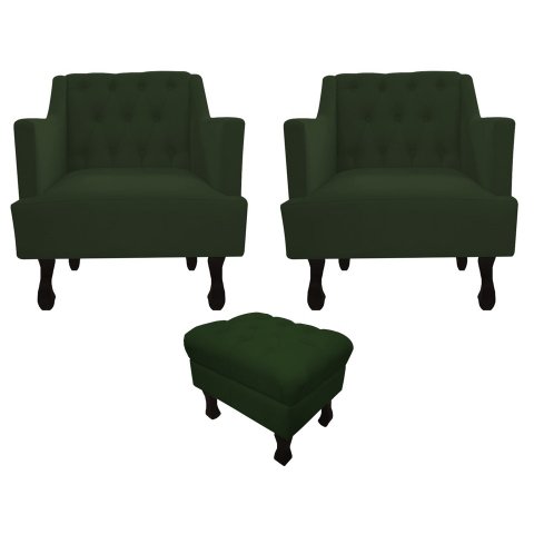 Kit 2 Poltronas Decorativa Julia + Puff Luis Xv Suede Verde Pés Madeira Ms Decor