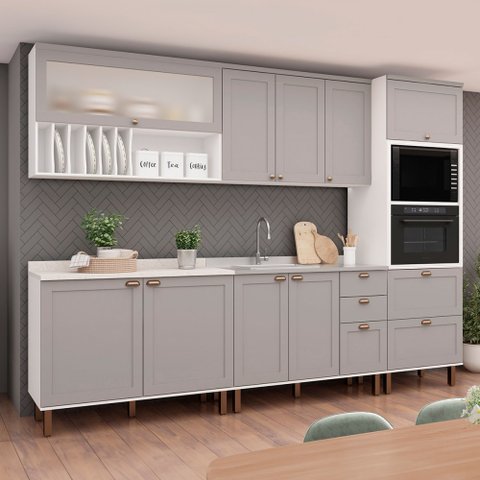 Cozinha Completa Iluminata Luna 10 Portas 4 Gavetas 100% Mdf com Vidro Branco/fendi - Genialflex