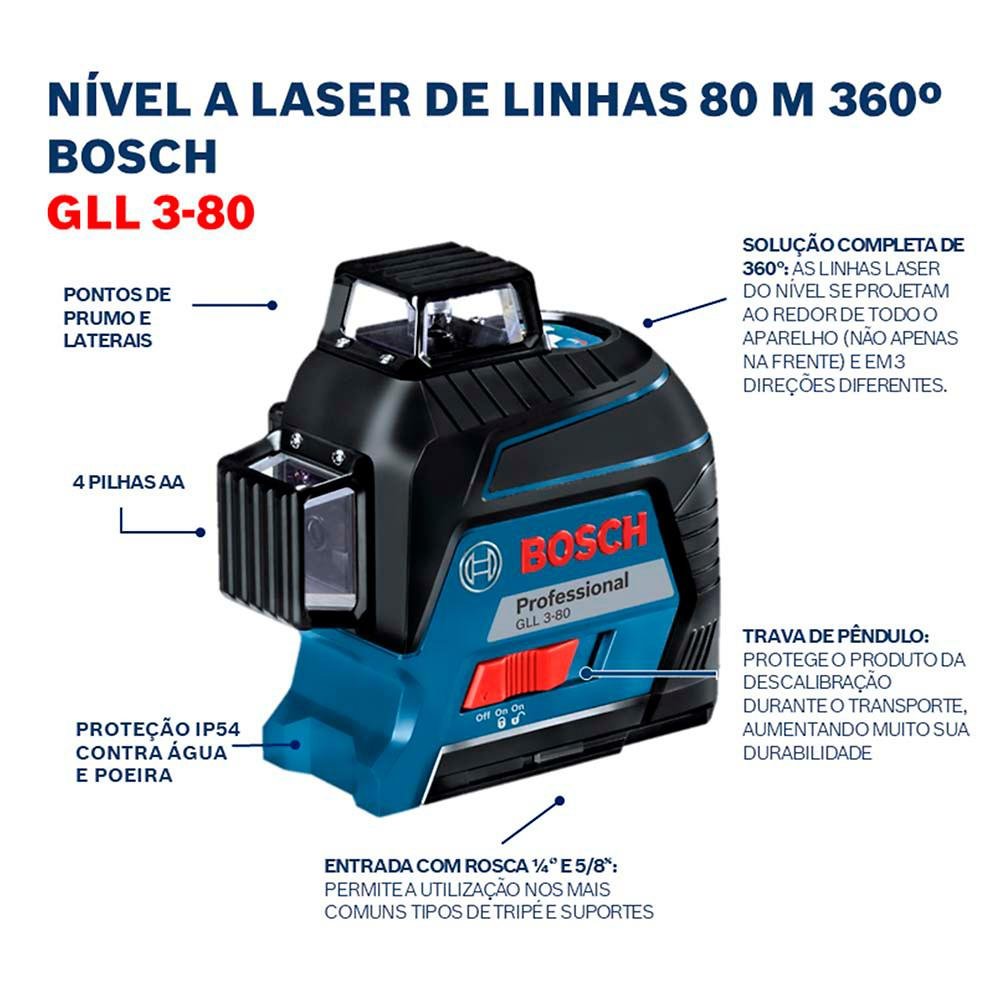 Nível a Laser Linhas Vermelho 360º 80m Gll 3-80 Bosch - 12