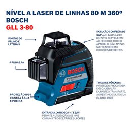 Nível a Laser Linhas Vermelho 360º 80m Gll 3-80 Bosch - 12