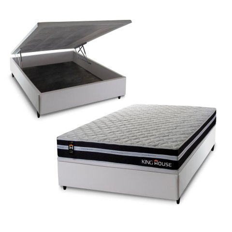 Conjunto Box Baú Casal Durham Branco 138x188x67 c/ Molas Ensacadas