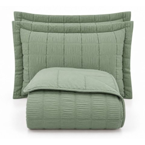 Kit Cobre Leito Linen Casal Micropercal 300 Fios Matelassê Colcha 3 Peças Efeito Creponado Verde