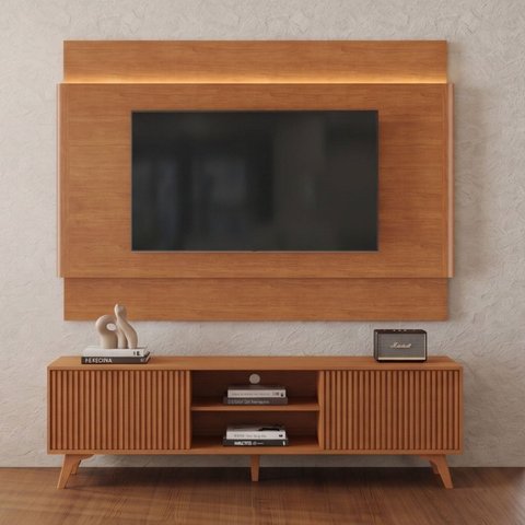 Rack com Painel para TV até 65 Polegadas 185x196cm MDF Pés em Madeira Maciça Gaia Paris Gaia