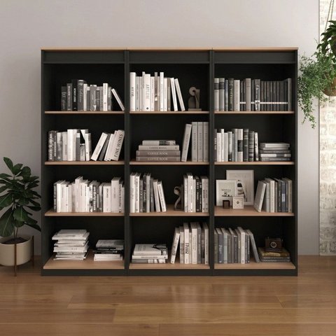 Kit 3 Estantes de Livro 60x160cm 4 Prateleiras Preto e Amendoa
