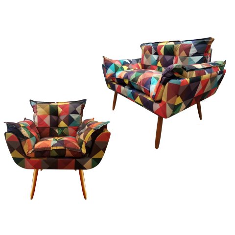 Kit Namoradeira + Poltrona Decorativa Opala Suede Triângulo Pés Madeira Ms Decor