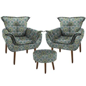 Kit 2 Poltronas Decorativas Opala com Puff Redondo para Sala de Estar Suede A4