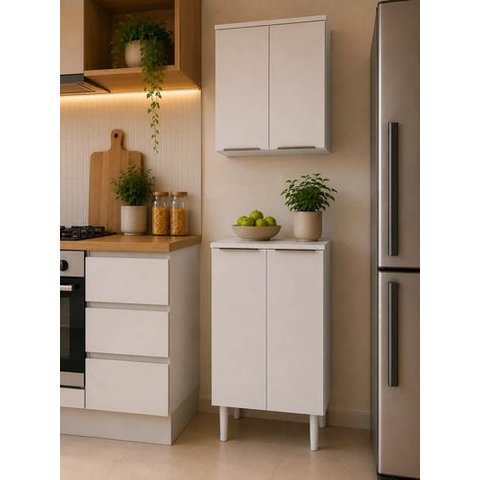 Kit Armário de Cozinha 2 Peças Balcão + Aéreo 60cm Branco