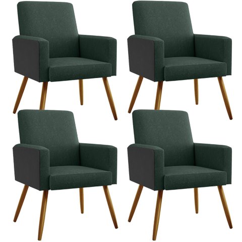 Kit 04 Poltronas Decorativa Maria W01 Pés Palito Linho Verde Musgo Couríssimo Preto - Lyam Decor