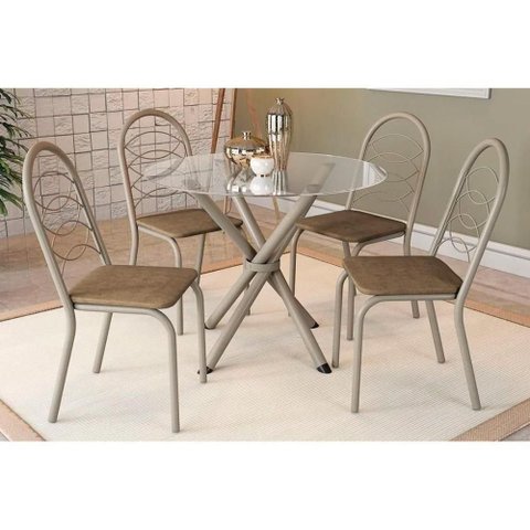 Conjunto Mesa Sala Jantar Volga com Tampo de Vidro 95cm e 4 Cadeiras Holanda Niquel Capuccino