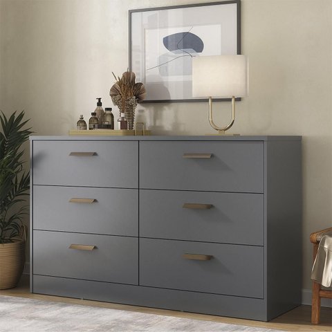 Cômoda para Quarto Divino em MDF 140,1x85,7cm 6 Gavetas Cinza 1155