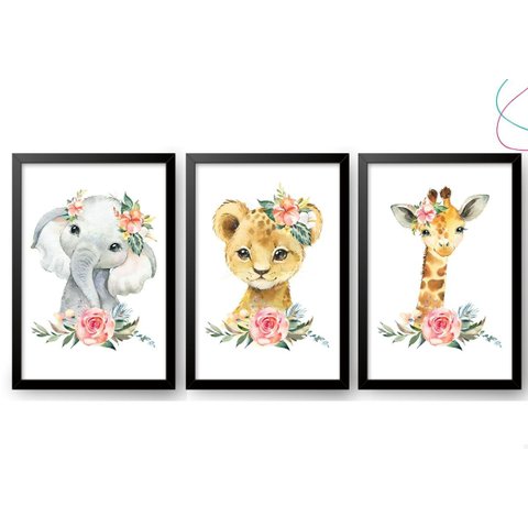 Quadros Decorativos Quarto de Menina Animais Aquarela:preta