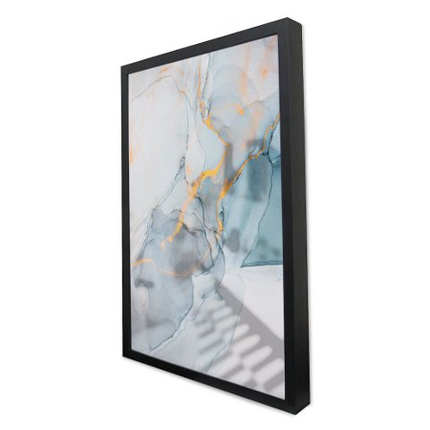 Quadro Decorativo Caixa Alta com Vidro Abstrato Mármore Azul Suave TaColado Moldura Preta 90 x 60cm
