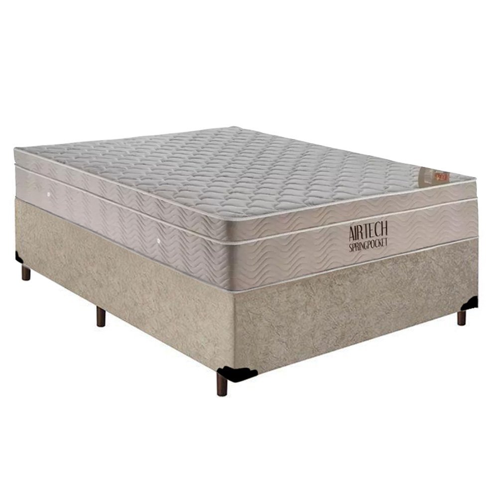 Cama Box Casal Suede + Colchão Ortobom Airtech Molas Ensacadas 138x188x65 Bege - 1