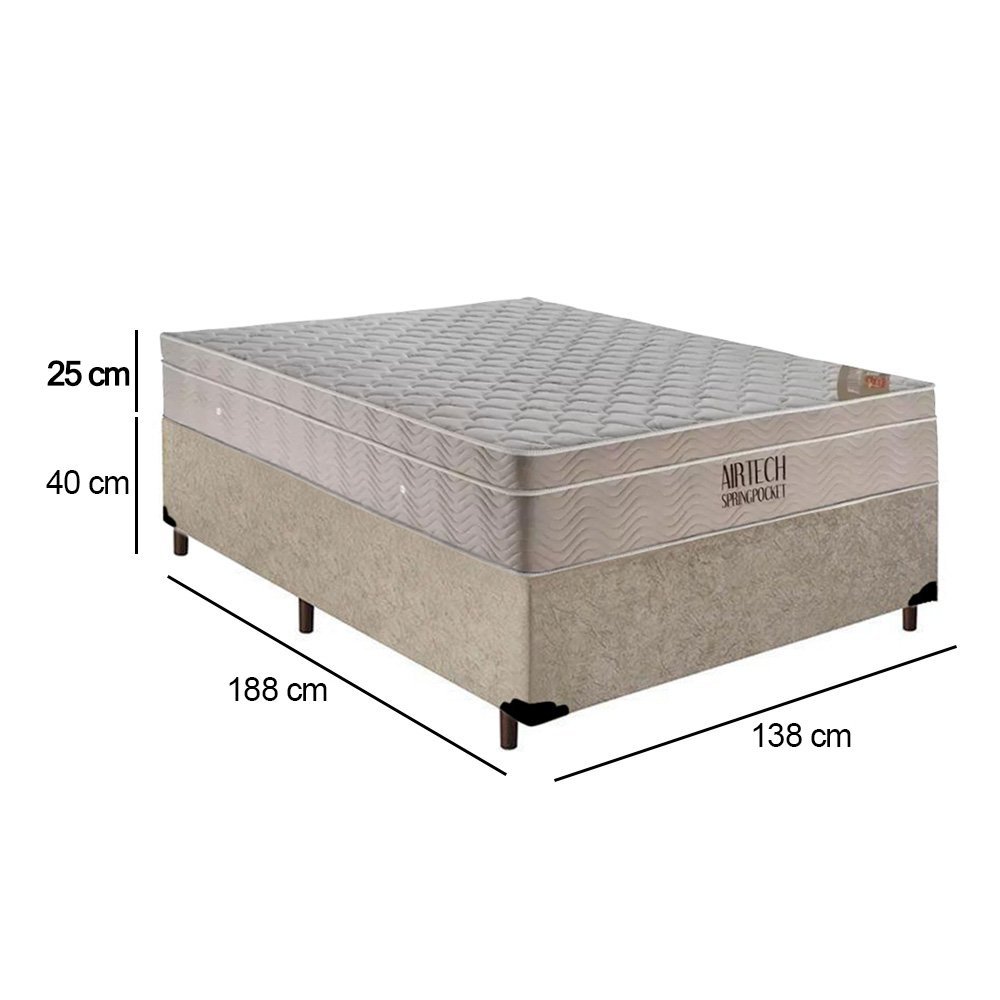 Cama Box Casal Suede + Colchão Ortobom Airtech Molas Ensacadas 138x188x65 Bege - 3