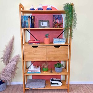 Estante 6 Prateleiras de Madeira Pinus Linea Ample com 2 Gavetas Nozes