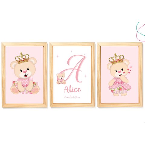 Kit com 3 Quadros Decorativos do Tema Ursinha Princesa:pinus