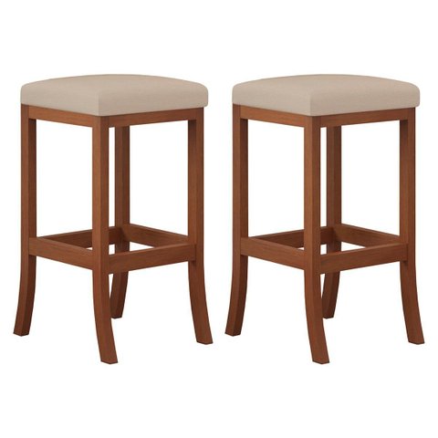 Kit 2 Banquetas Média Estofada Barcelona 38x64cm Bancada Madeira Maciça Castanho Suede Bege - CCS