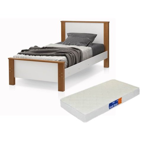 Cama Solteiro Mila Pés de Madeira Estilo Classico Moderno Junto com Colchão 188x88 Solteiro