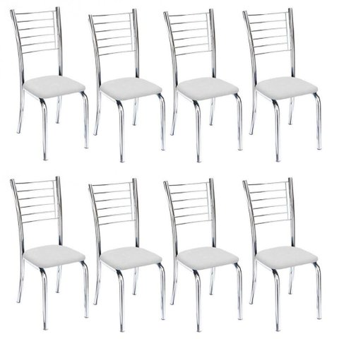Kit 8 Cadeiras de Jantar Lara Cromada para Cozinha Assento Sintético Branco - Aurora Line
