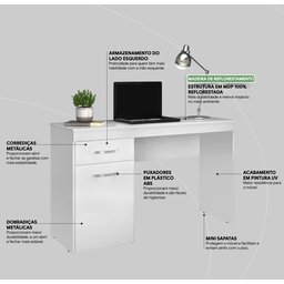 Mesa Escrivaninha Home Office Quarto Sala Escritorio 1 Porta 1 Gaveta Vitoria Cor Branco - 5