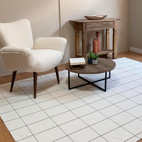 Tapete Sala Quarto Artesanal 2,00 X 3,00m Rústico Geométrico Xadrez Cru Preto Antiderrapante