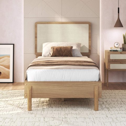 Cama de Solteiro 102cm com Cabeceira em Palhinha Oslo Móvel na Caixa