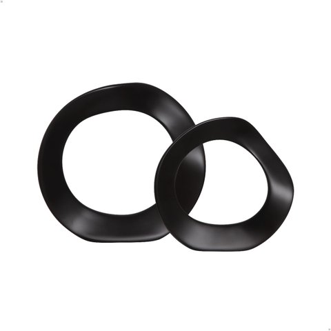 Dupla Escultura Anel Decoração em Cerâmica Preto Fosco