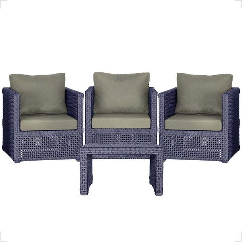 Mesa e 3 Poltronas Madri Corda Náutica Estofado 8 Trama Azul