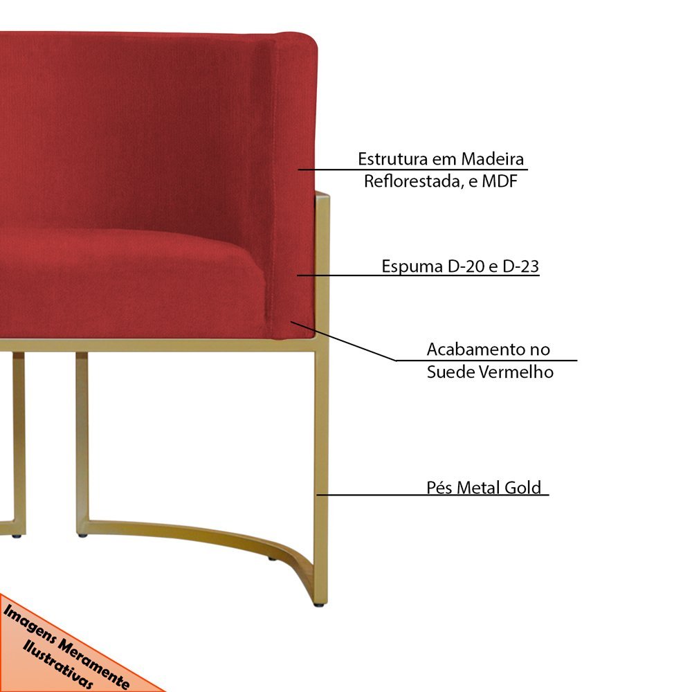 Kit 6 Poltronas Decorativa Sala de Estar Luana Base Gold Suede Vermelho - Montanaris Decor Md Montan - 6