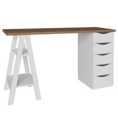 Mesa para Escritório Escrivaninha Home Office 5 Gavetas Spirit Nogal Branco - Lyam Decor