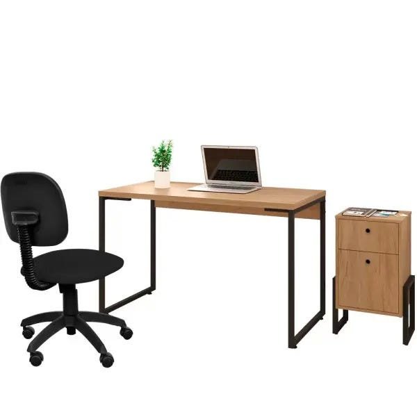 Kit Para Escritório com Cadeira Economy, Mesa Industrial Soft e Gaveteiro Work Nature - Lyam Decor