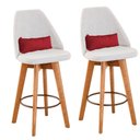 Ver imagem 1 de Kit 02 Banquetas Alta Maya Giratória Com Encosto Gourmet Linho Bege e Almofada Corino Vermelho -