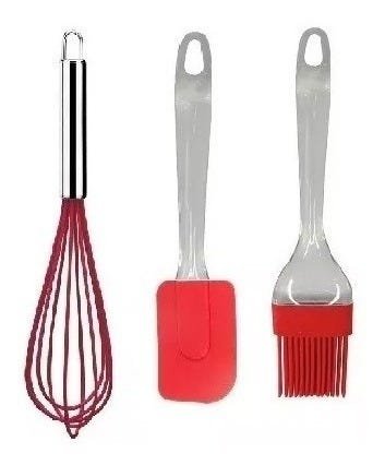 Kit 10 Colheres De Silicone Cabo Inox Utensílios Vermelho - 3