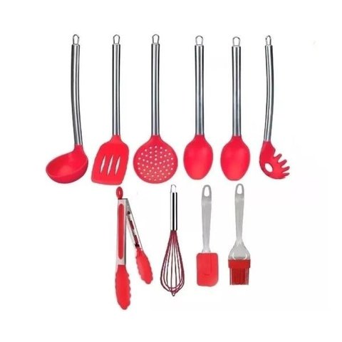Kit 10 Colheres de Silicone Cabo Inox Utensílios Vermelho