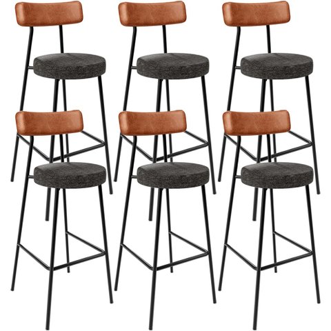 Kit 06 Banquetas Alta Cozinha Sala Jantar Aço Milão L02 Couríssimo Camel Linho Chumbo - Lyam Decor
