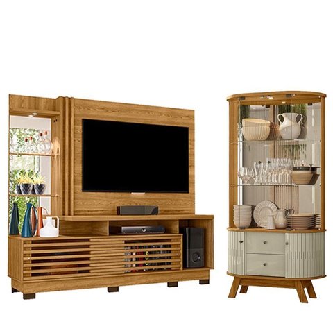 Estante Home Theater Frizz Plus Cumaru com Pés com Cristaleira Moss Cumaru Opala- Madetec