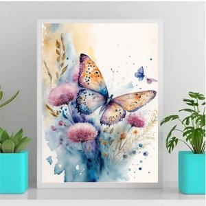 Quadro Decorativo Borboleta Floral Aquarela 45x34cm:Madeira preta