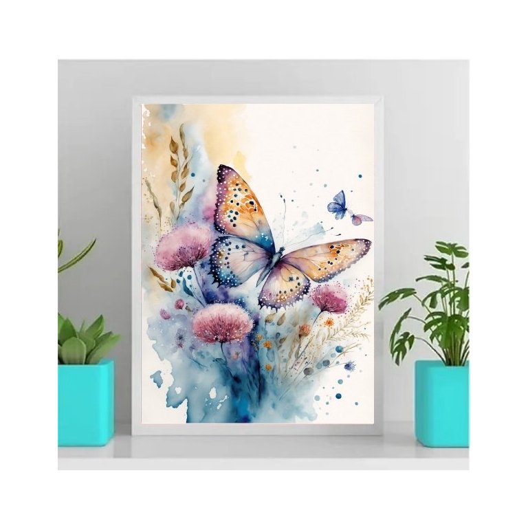 Quadro Decorativo Borboleta Floral Aquarela 45x34cm:Madeira preta