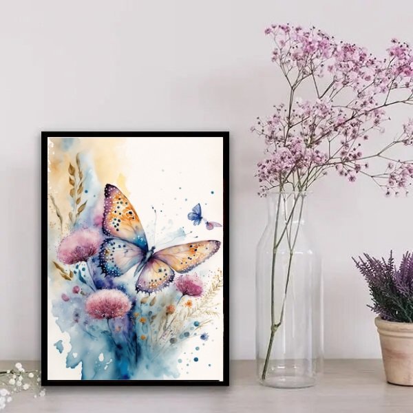 Quadro Decorativo Borboleta Floral Aquarela 45x34cm:Madeira preta - 2