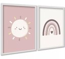 Ver imagem 1 de Kit 2 Quadros Infantis Sol e Arco-íris Rosê 45x34cm:moldura Branca