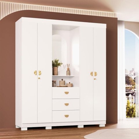 Guarda Roupa Casal Capelinha Aurora 4 Portas de Bater 3 Gavetas MDP com Espelho Branco-Camarim Flex