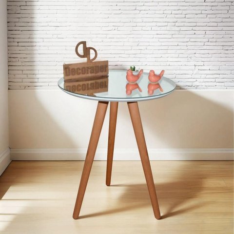 Mesa de Canto Pés Palito Amadeirado com Tampo Espelhado Redondo MDF Madeira 50cm Branco Decoraper