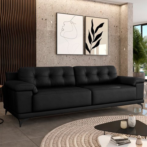 Sofá Living 4 lugares 272cm Agostino Pés Design em Ferro Couro Preto G52 - Gran Belo