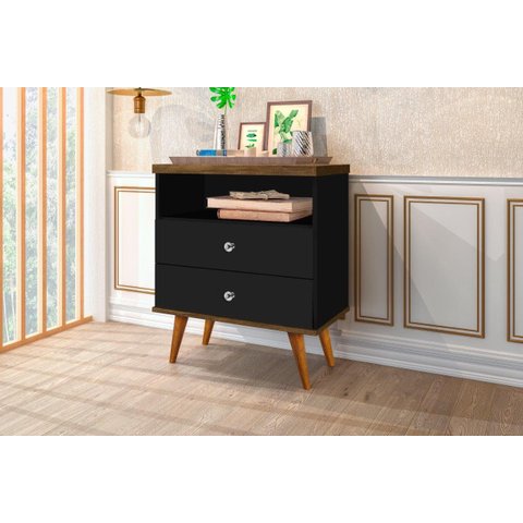 Mesa de Cabeceira Sta Estilo Retrô com Pés Palito 2 Gavetas com Puxadores Cromados e Nicho Cor Preto