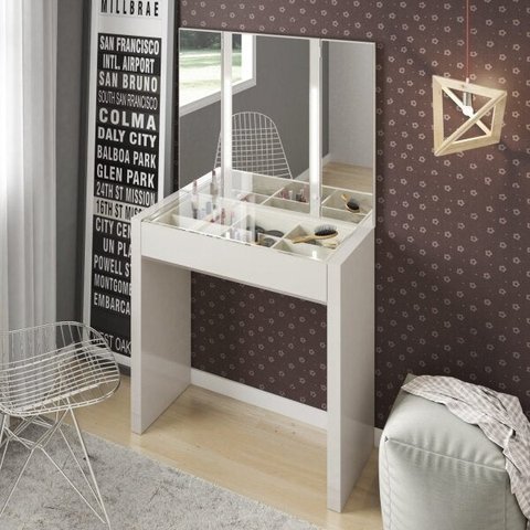 Penteadeira com Gaveta, Espelho e Iluminação Led 80cm Tw130l Dalla Costa - Off White