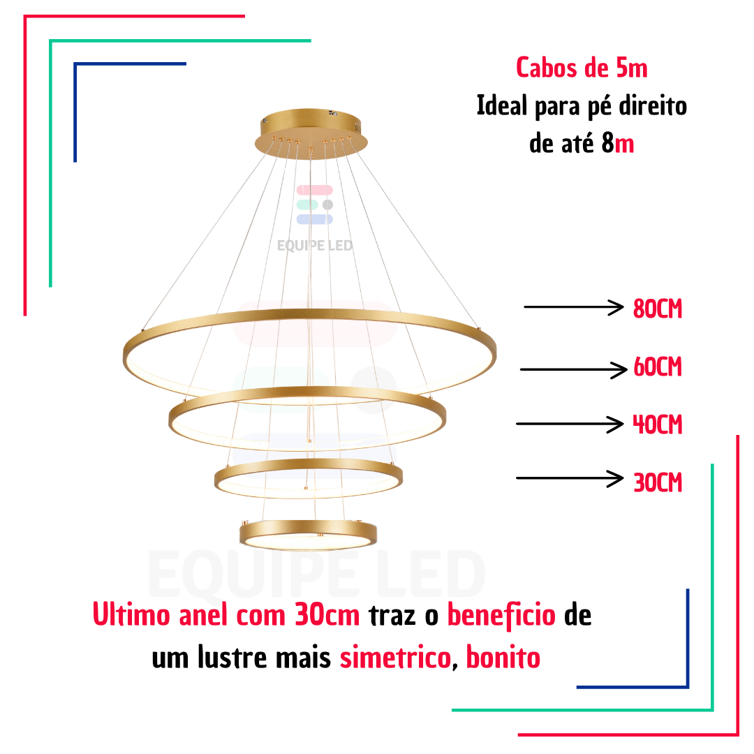 Lustre Pendente Moderno Anéis Led 4 Arcos 80cm Pe Direito Duplo Equipe Led - 2