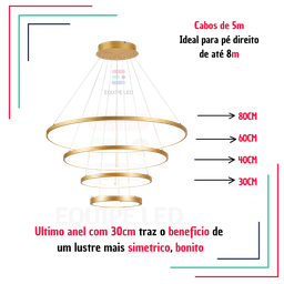 Lustre Pendente Moderno Anéis Led 4 Arcos 80cm Pe Direito Duplo Equipe Led - 2